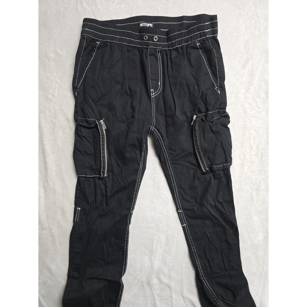 Hot Topic Goth Zip Cargo Pants Womens Large Black Drawstring Pockets 100% Cotton